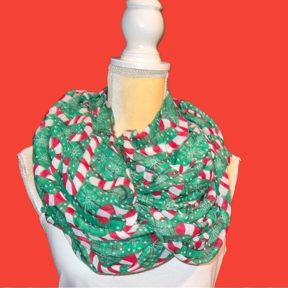 Infinity green Christmas scarf with adorable candy cane design!